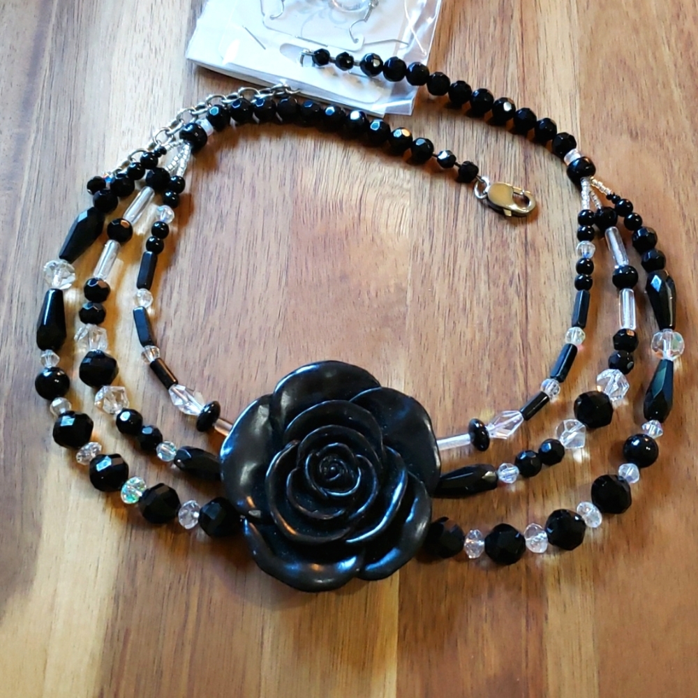 Adjustabe Black Carved Flower, triple strand Necklace Set. "One of a kind"